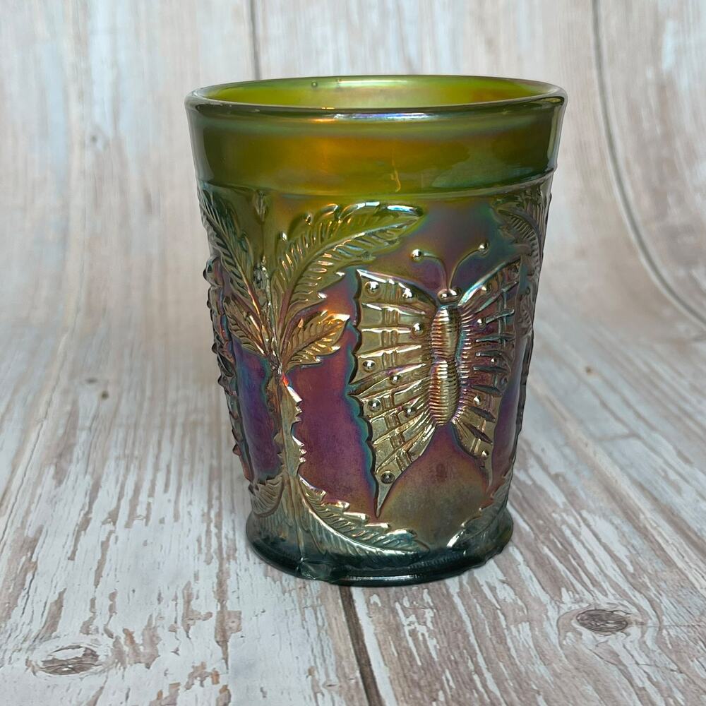Antique Fenton Butterfly & Fern Green Carnival Glass Tumbler c1910 Variant